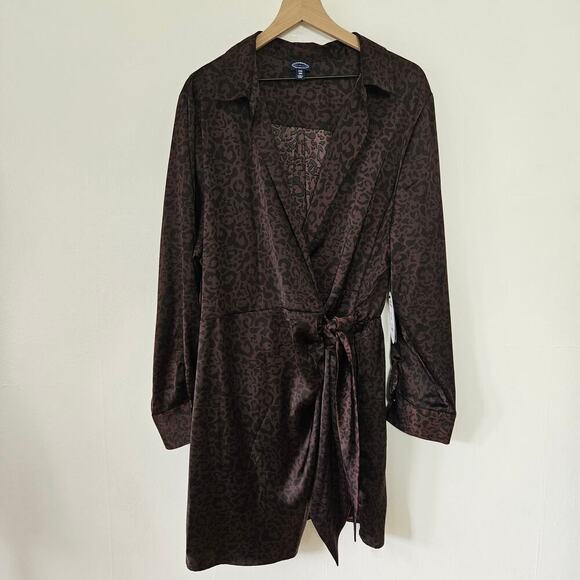 NEW Scoop Wrap Side Tie Mini Dress XXL 20 Brown Leopard Print Satin NWT - Picture 3 of 8